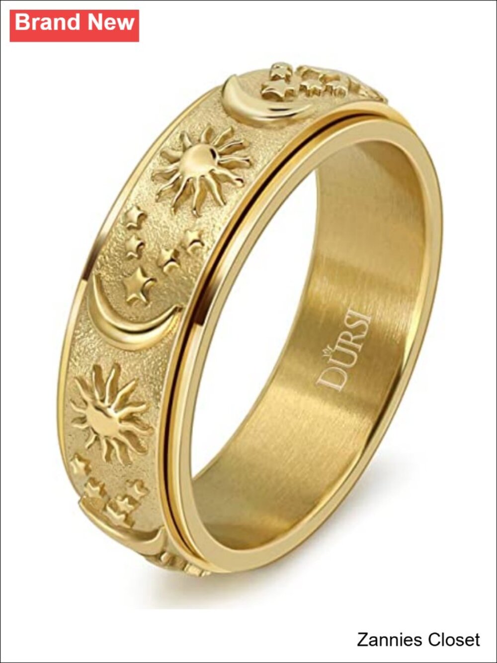 💍 Sun Moon and Star Spinner Fidget Ring Anxiety Relief Stainless Steel 8MM Band